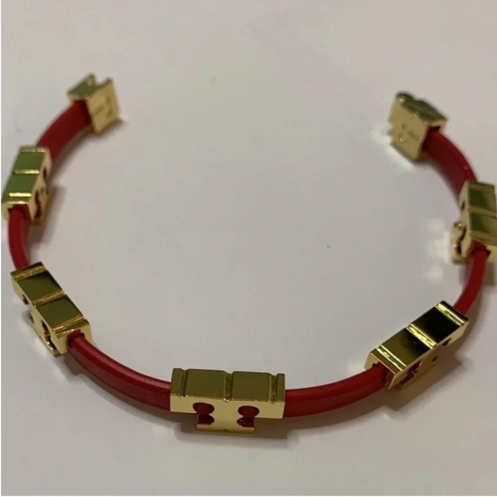 Tory Burch Red leather wrap and Gold single Ts logo Bracelet - Picture 3 of 6